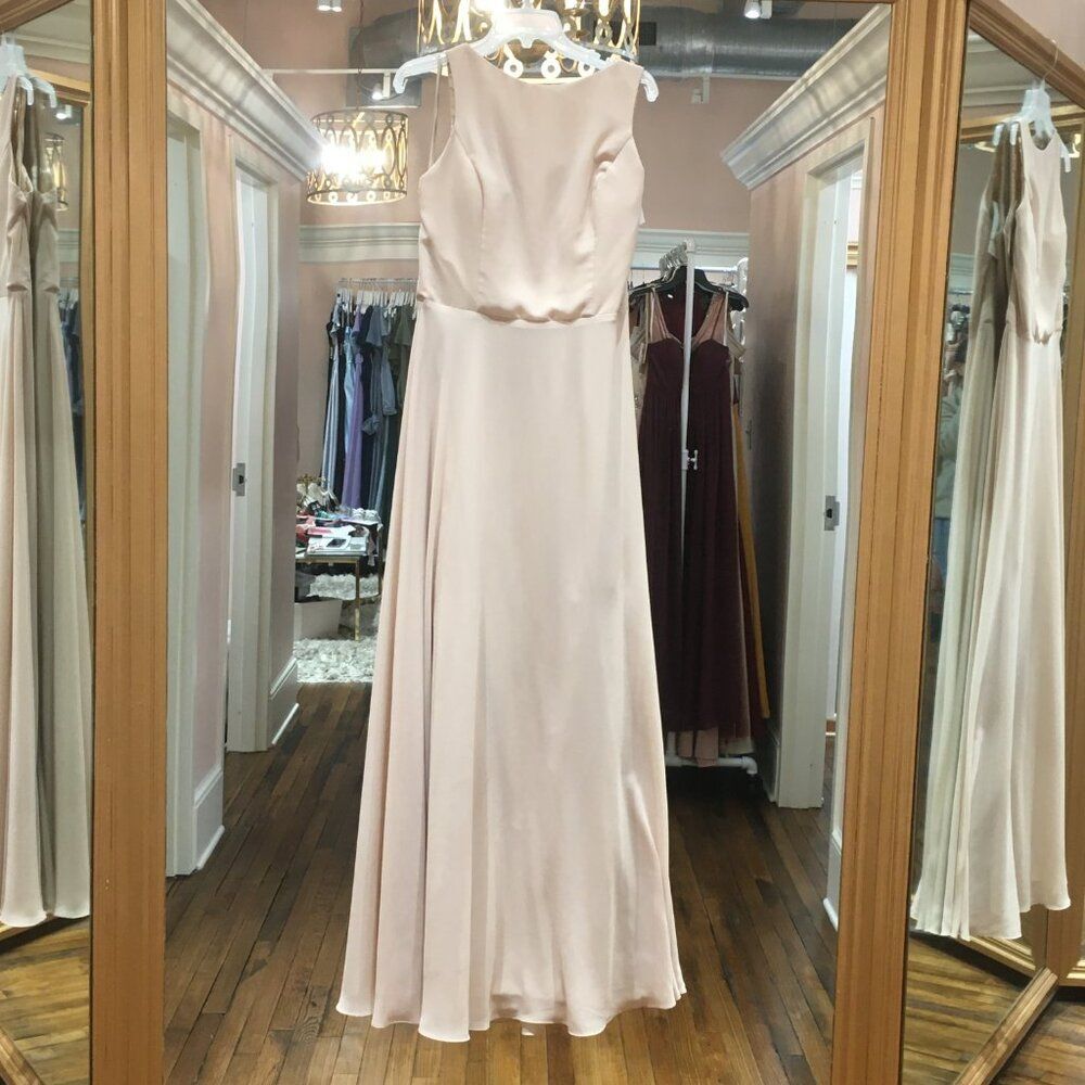 Long Chiffon Champagne Bridesmaid/Formal Dress Low Back High Neck Amsale Brynn